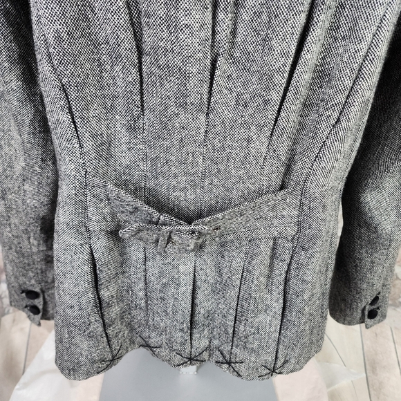 Vintage 80s Wool Preppy Tweed Blazer Velvet Trims Black White Academia Size 16 - Picture 9 of 15